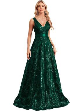 Emerald Green Sequin V Neck A Line Long Formal Evening Prom Gown Sz XXL